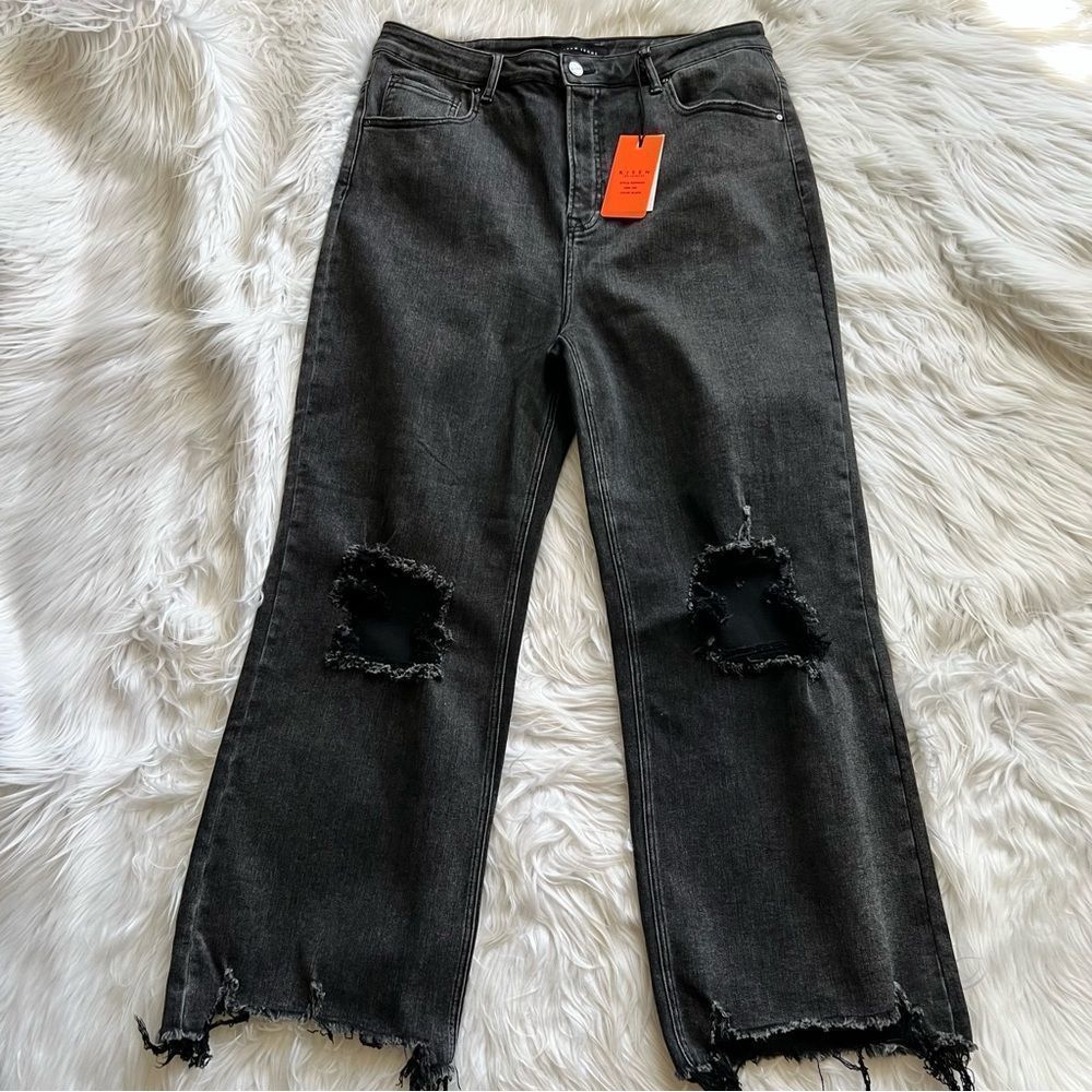 NWT Risen Jeans High Rise Crop Distressed Straight Jeans Size 2XL RDP5002X Black